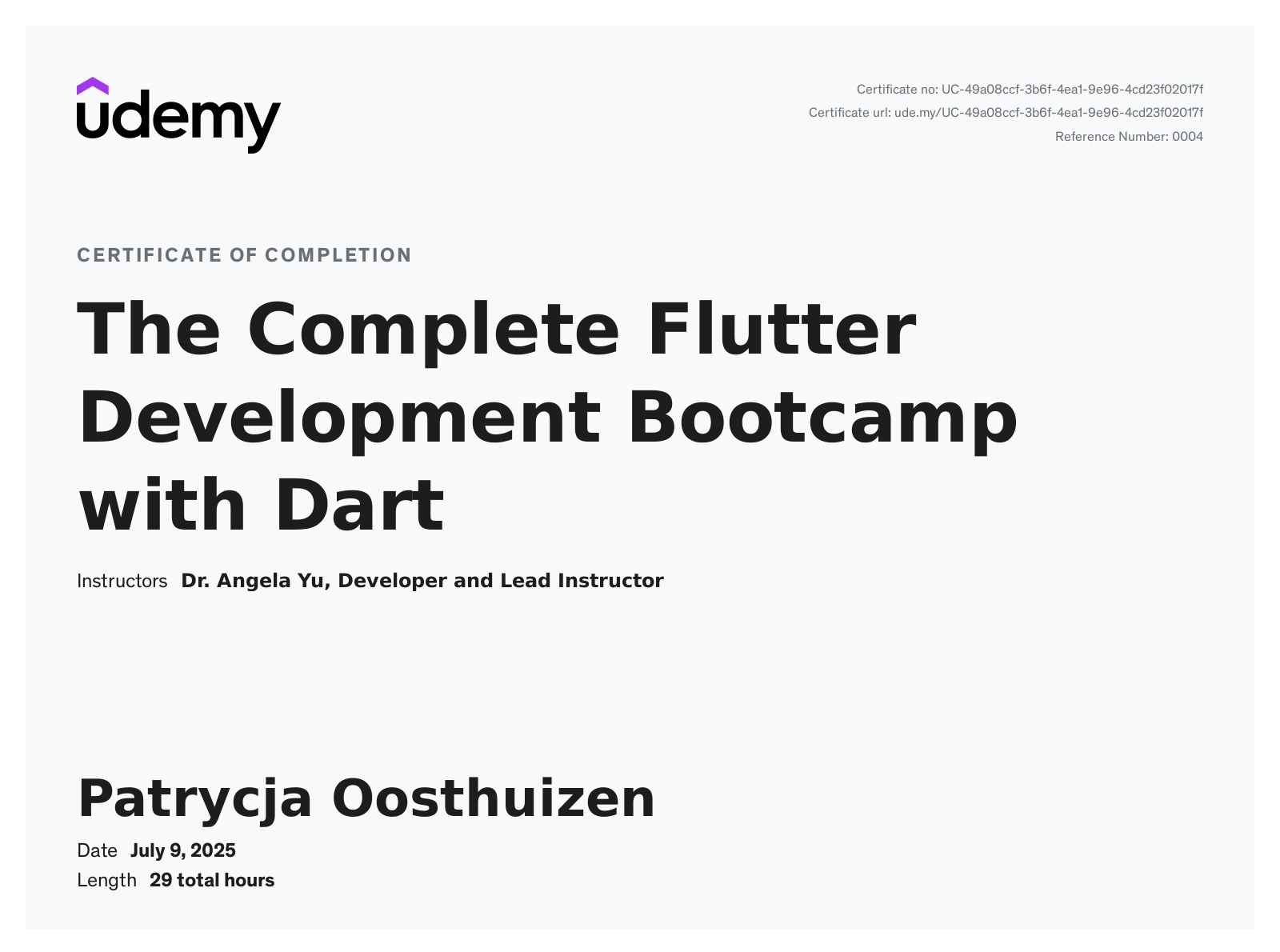 Patrycja's Flutter with Dart certificate